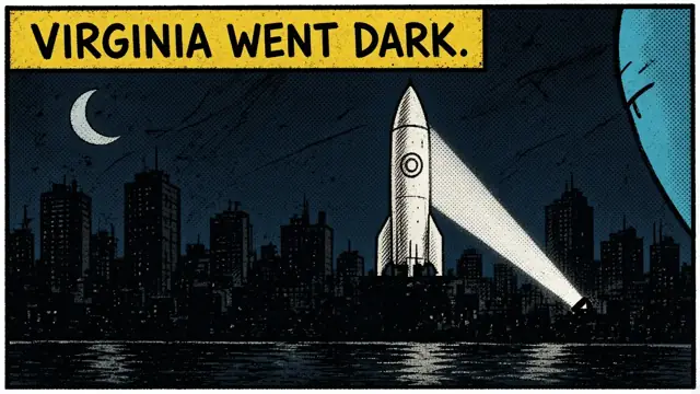 Virginia went dark: the city skyline in a blackout, a rocket in the searchlight