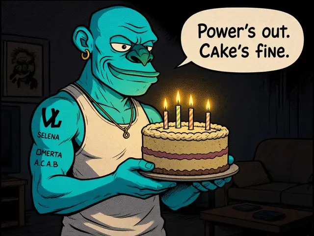 Bill holding a birthday cake by candlelight: power's out, cake's fine