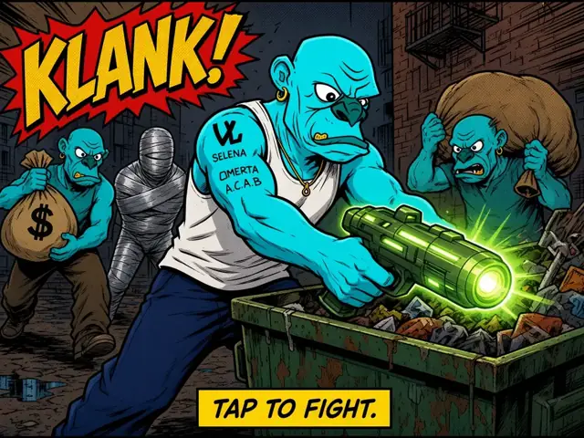Bill grabs a glowing alien blaster as three thugs close in: KLANK