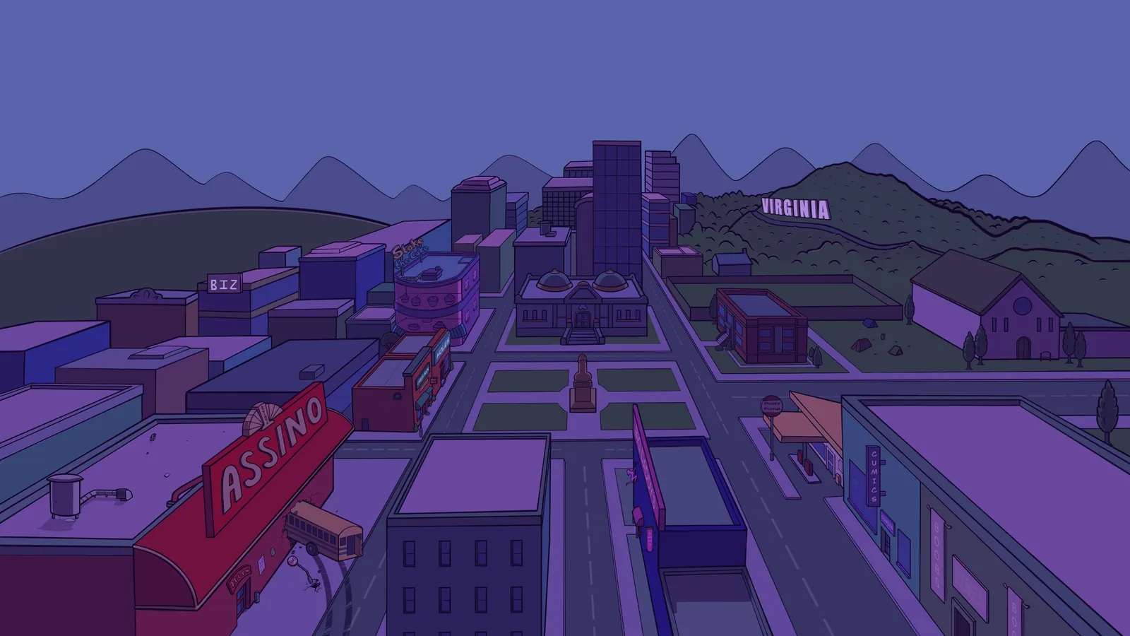 Map of Virginia: City Hall on the square, Cake Stake, Rocket Comics and the hillside sign