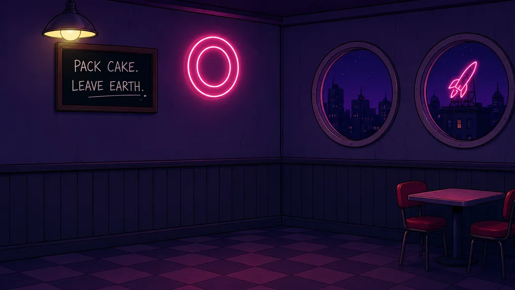 Cake Stake diner: pink neon and circular windows overlooking Virginia at night